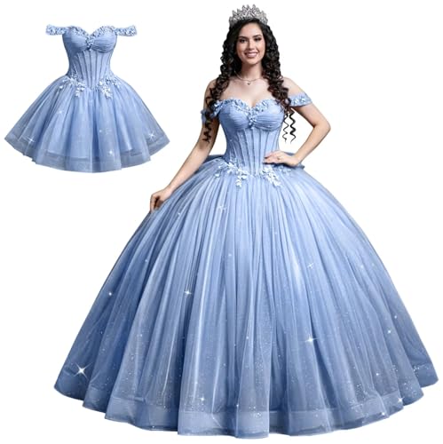 Mauuwy Convertible Two Piece 3D Flowers Quinceanera Dresses Sky Blue