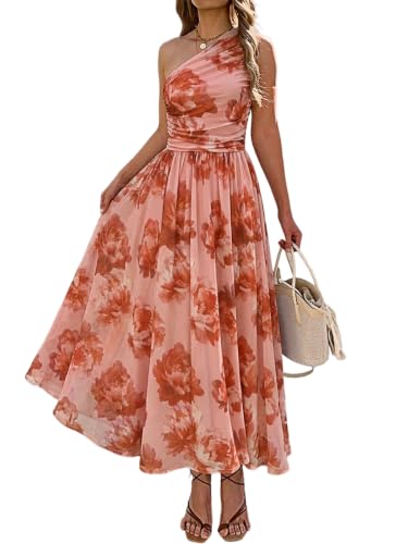 Evzeiem Women One Shoulder Floral Wedding Guest Maxi Dress Floral Pink S
