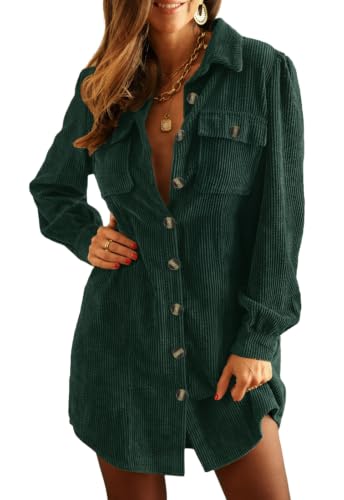 Alaster Queen Women's Corduroy Green Button Down Short Dresses Fall Winter