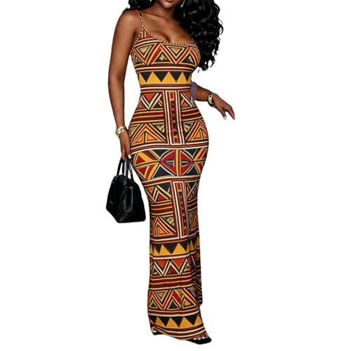 Women's Slim Elegant Vintage African Tribal Bodycon Maxi Sleeveless Spaghetti Strap Long Dresses (1,X-Large)
