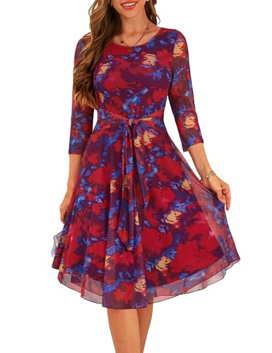 Zattcas Womens 3/4 Sleeve Mesh Floral Fall Flowy Midi Dress Purple Blue M | Sheer Sleeve, Belt, Petite, A Line, Fit and Flare, Modest Casual Dresses for Church Work, Cocktail Party, Wedding Guest Dress