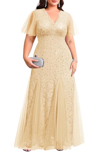 Plus Size Formal Dress Champagne Sequin Wedding Guest Mermaid Gown | Plus Size Mother of Bride Dress, V-Neck with Lace Trim, Sheer Sleeves & Tulle Mermaid Hem Gown for Wedding Guest & Bridesmaid