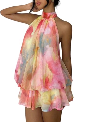 Fhykiss Women's Chiffon Halter Drop Waist Mini Dress Wedding Guest Dresses Ruffle Formal Holiday Club Brunch Outfits Rainbow L