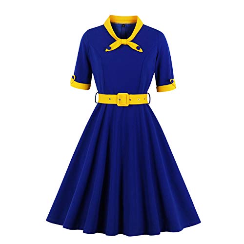 1950s Dresses for Women 50s Style Audrey Hepburn Vintage Rockabilly Retro Short Sleeve Tie Summer A Line Swing Midi Skater Dress Cocktail Party Evening Prom Gown Plus Size Royal Blue+Yellow XL