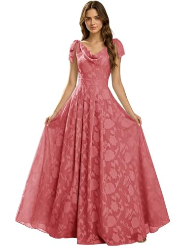 zikusel Watermelon Sleeveless Bridesmaid Dress Women’s Floral Lace V-Neck Pleated Spaghetti Strap Long Wedding Guest Gowns Backless A-Line Lace Up Back Formal Maxi Dress US2