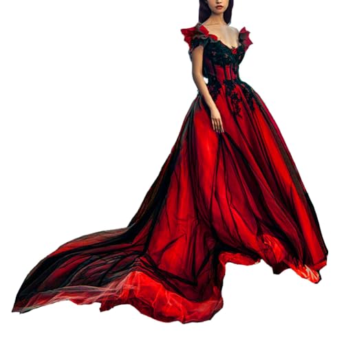 Gothic Black Prom Evening Wedding Dresses Ball Gown V Neck Off Shoulder Red 8