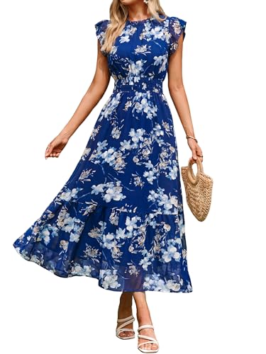 BerryGo Womens Floral Wedding Guest Dress - Summer Casual Short Sleeve Long Beach Vacation Flowy A Line Chiffon Modest Dresses Blue L