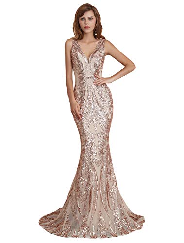 Ikerenwedding Women's V-Neck Sequins Sleeveless Lace-up Mermaid Evening Dress Champagne US14