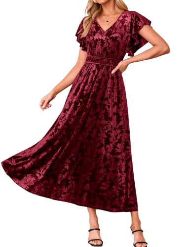 BerryGo Women's Fall Velvet Floral Maxi Wedding Guest Dress Wine Red M | V Neck Ruffle Short Sleeve,Empire Waist A-Line,Winter Party Holiday,Soft Comfortable,Semi Formal Long Dresses With Pockets