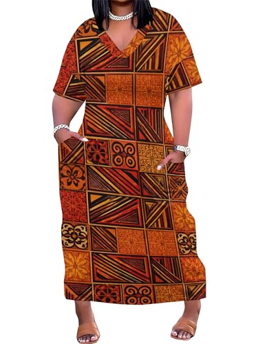 EQQZD Plus Size African Dresses for Women Traditional Dashiki Tribal Ethnic Print Maxi Dress Short Sleeve V Neck Casual Summer Beach Party Long Gown with Pockets