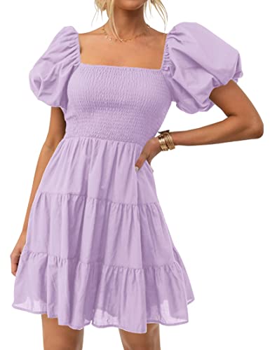 ZESICA Womens Boho Square Neck Puff Sleeve Smocked Mini Dress Purple XS