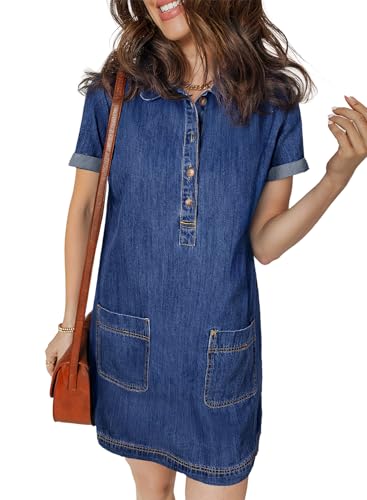 Sidefeel Womens Denim Dress Casual A Line Trendy Mini Jean Dress, Blue, L