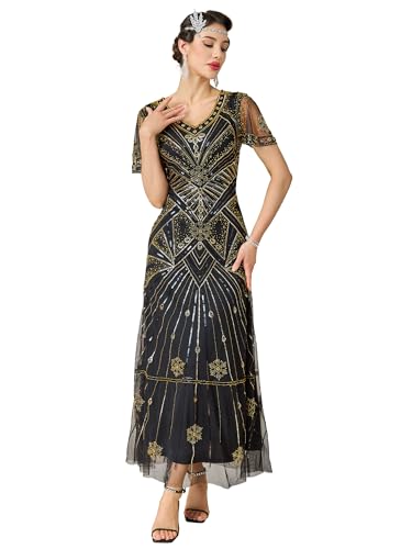 MTITE Women's Flapper Dress 1920s V-Neck Evening Gown Sequin Beaded Maxi Dress for Wedding (US, Alpha, Large, Regular, Regular, Black Gold)