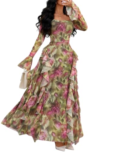 GothDark Long Floral Dresses for Women Pink Floral Small Fits US Size 4 | Stretch Fabric, Square Neck, Boho Wedding Guest Dresses, Boho Maxi Dress for Women, Fall Wedding Guest Dresses for Women