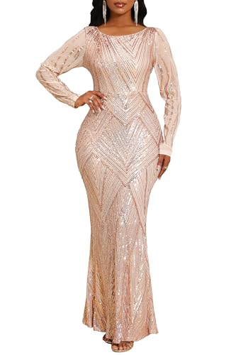 VERWIN Women's Sequins Bodycon Round Neck Long Sleeve Sparkly Mermaid Maxi Casual Party Cocktail Dress XL Champagne