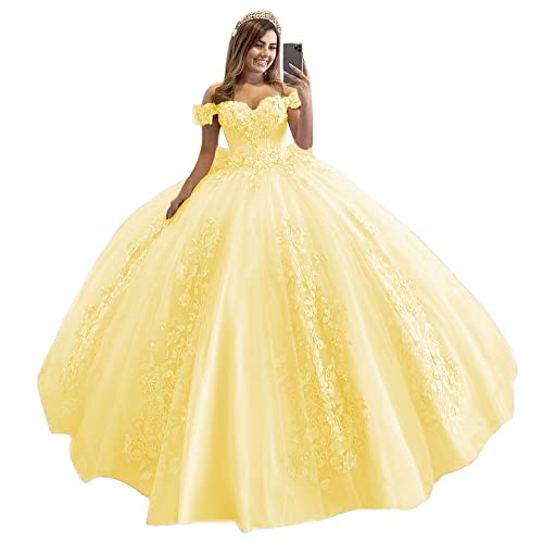 XYAYE Puffy Off Shoulder Lace Quinceanera Dresses 2026 Yellow Size 24 | Pincess Beading Sweet 16 Dresses for Teens, off Shoulder Long Ball Gown, Sweetheart Vestidos de 15 años