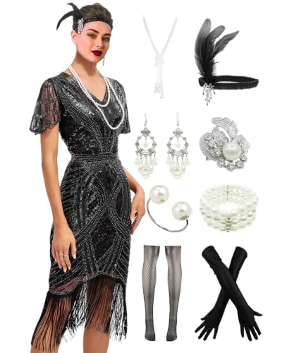 YENMILL 1920s Gatsby Inspired Sequin Beads Fringe Flapper Cocktail Roarings 20s Dress w/ 20s Headband Accessories Set (Black Silver, Medium)