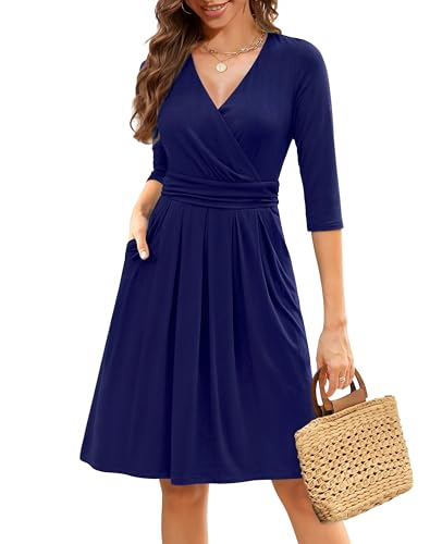 Zattcas Fall Cocktail Dresses for Women 2026 V Neck 3/4 Sleeve Empire Waist Pleated Fit and Flare A Line Knee Length Spring Holiday Party Wedding Guest Wrap Dresses Navy Blue M