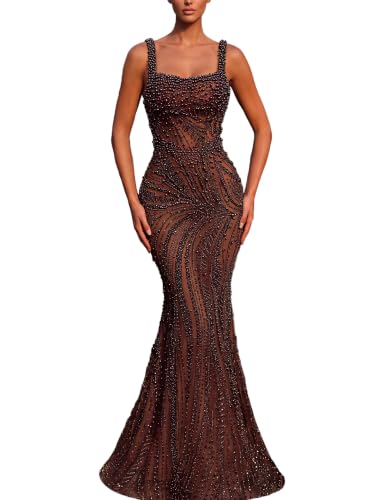 VOUIAO Women Beaded Mermaid Prom Dress Sequin Formal Evening Gown Rusty XL