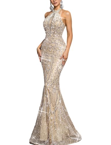 VOUIAO Women Beaded Prom Dresses Sequin Formal Evening Gown Beige S