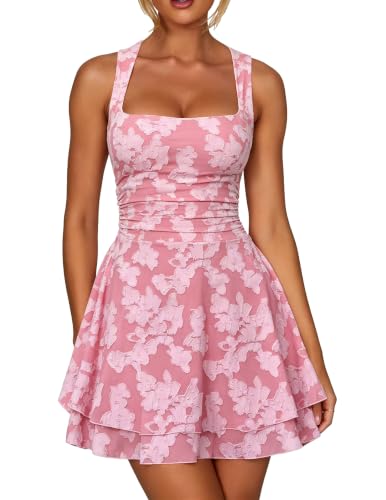 Kaximil Women's Square Neck Floral Ruffle A Line Mini Dress, L, Pink