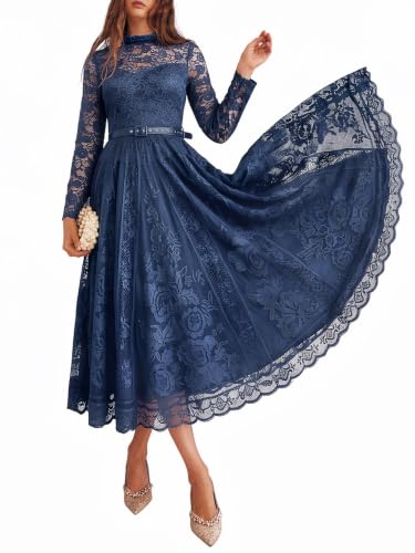 Evadellia Women's Long Sleeve Lace A-Line Formal Wedding Guest Dresses Blue