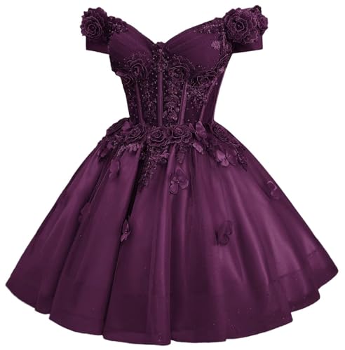 Mauuwy Short Tulle Quince Dresses for DAMA Glitter Plum Homecoming Dress Off Shoulder Short DAMA Dresses with 3D Butterfly