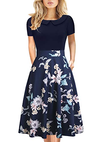 1950s Dress for Womens Retro Elegant Vintage Casual Party Pockets Special Occasion Teen Girl Cocktail Rockabilly Work Dress 978 (Blue Floral M)