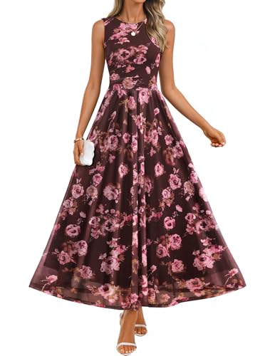 ZESICA Women's Summer Sleeveless Wedding Guest Maxi Dress Brown S | Crewneck, A Line, Mesh, Boho Beach Party Flowy Elegant Semi Formal Evening Outfit, 2026 Casual Holiday Date Long Dresses