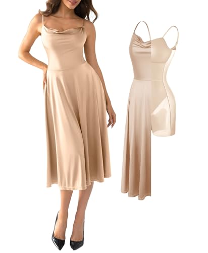 Popilush A Line Dresses with Built in Bra, Champagne Corset Midi Dress L