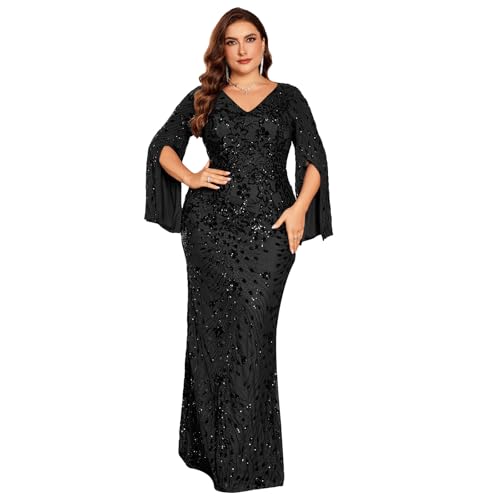BluePlum Plus Size Wedding Guest Dress for Women, Cape Sleeve and V-Neck, Maxi Elegant Dress for Party, Black, Size 3XL