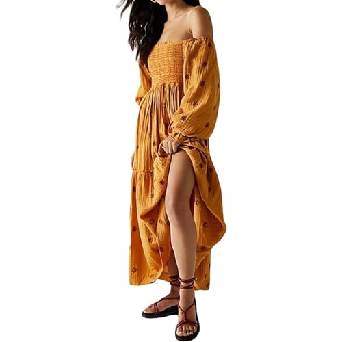 ABYOVRT Women Floral Embroidered Maxi Dress Long Puff Sleeve Square Neck Bohemian Flowy Dress with Pockets Summer Fall (Ginger,L)