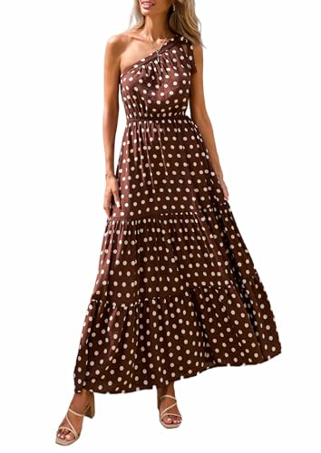 PRETTYGARDEN Women's One Shoulder Boho Maxi Dress, Dot Coffee White,XXL | Sleeveless Tiered A Line, Long Flowy Sundress, Tie Knot Summer Vacation Dresses, Spring Wedding Guest Outfits for Beach Party