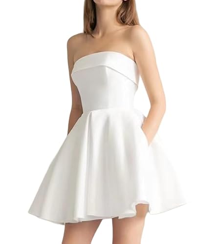 StarRovelex Strapless White Wedding Homecoming Dresses Women's Bridesmaid Cocktail Party Formal Gowns Evening Dress with Pocket A Line Short Wedding Guest Prom Gala Dress White 14