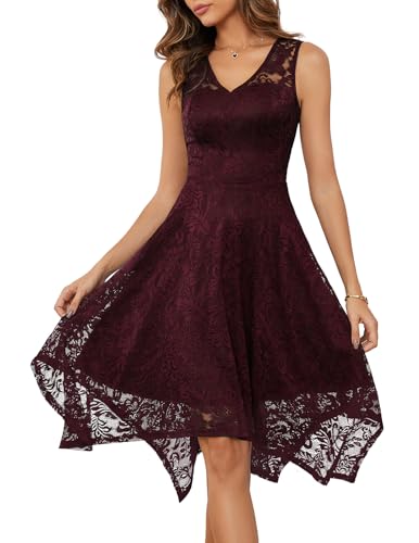 Meetjen Women's Lace Semi Formal Dress Cocktail Party Short V-Neck Graduation Wedding Guest Dresses Summer Burgundy S