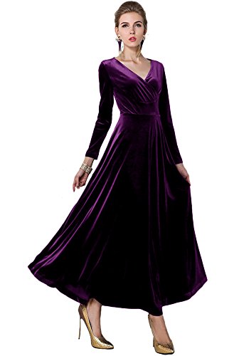 EXCHIC Women's Elegant Velvet Long Sleeve Maxi Dress Evening Party Dancing Dresses (S, Purple)