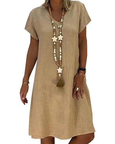 AUDATE Womens Casual Dress Cotton V Neck Mini Dress Linen Summer Beach Short Sleeve T-Shirt Dress with Pockets Khaki S