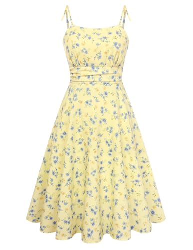 Women's Spaghetti Strap Midi Vintage Tea Party Dress Yellow Floral XL | Sleeveless,Midi,A-line,Flowy,Cocktail Dress,Wedding Guest Dress,Graduation Homecoming Dress,Yellow Floral XL
