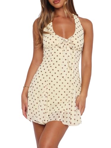AIBUSIS Women Polka Dot Halter Dress V Neck Bow Tie Front A-Line Flowy Mini Dress Casual Summer Sleeveless Party Sundress