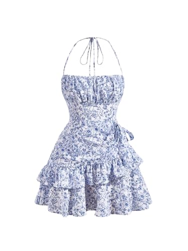 Floerns Women's Floral Halter Ruffle Tiered Cute Summer Mini Dress