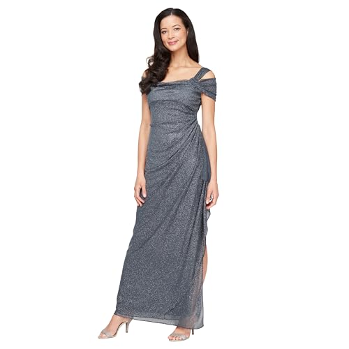 Alex Evenings Women's Long Cold Shoulder Dress, Mother of The Bride, Formal Events, Smoke Glitter, 14 Petite