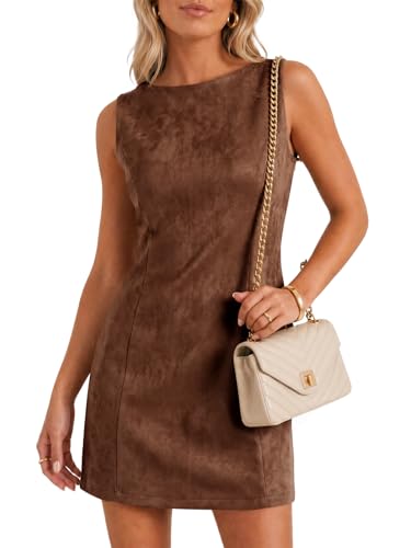 Wenrine Womens Suede Mini Dress Fall A Line Zipper Slim Party Dresses Brown