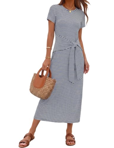 MEROKEETY Women's Summer T Shirt Casual Work Wrap Maxi Dress, Stripenavy, L