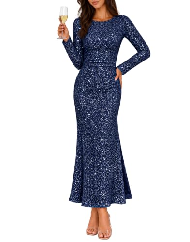 MEROKEETY Formal Fall Long Sleeve Sequin Maxi Dress Womens, Navy, Medium