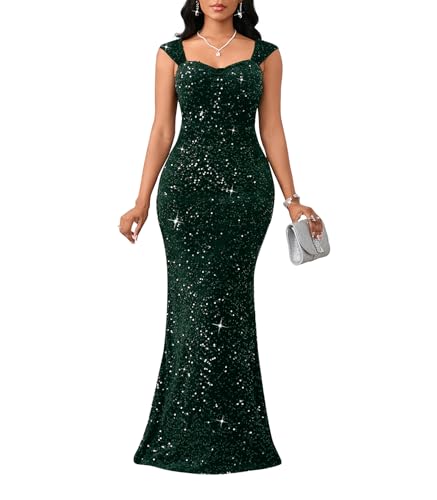 dasmzper Women’s Sequin Evening Gown – Elegant Sleeveless V Neck Mermaid Formal Maxi Dress for Wedding, Prom or Party Green