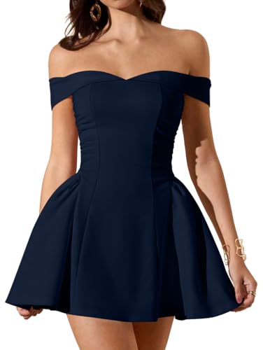 LAGSHIAN Women's Summer Sleeveless Off Shoulder A-line Mini Dress Navy