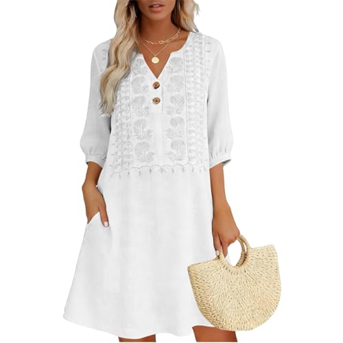 Linen Dresses for Women 2026 Italy Elegant Vintage Floral Embroidered Midi Dress with Pockets Boho Lightweight Shirt Gauze Short Sleeve Dress Comfy House Dresses Beach Vacation Outfits Sundresses
