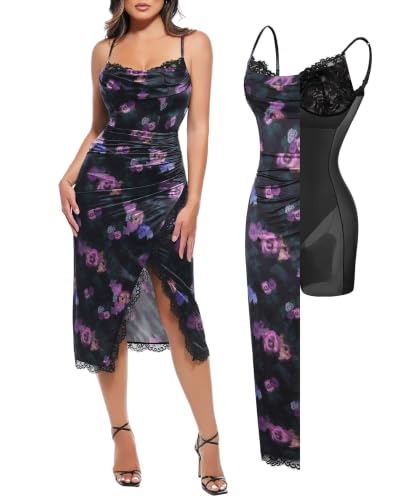 Popilush Satin Wedding Guest Date Night Corset Dress Lace Dresses Floral-XL | All in One Design,Sexy Lace Trim Bra,Formal Prom Birthday Party,Ruched Tummy Control,Buttery Soft and Silky