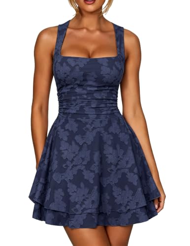 Kaximil Women's Square Neck Floral Ruffle A Line Mini Dress, S, Navy