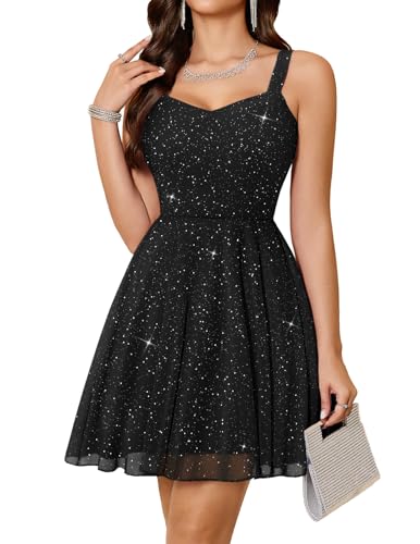 Meetjen Short Cocktail Dress for Women 2026 Sparkly Party Black XS | A-Line Sparkly Party Mini Dress, V Neck Tulle, Formal Dresses, Bridesmaid Teens Fall Dress 2026 Birthday